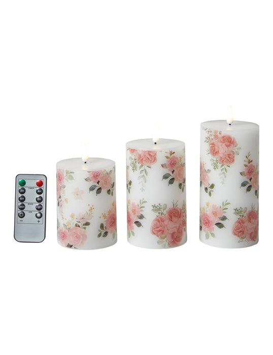 Dacore - LED Bloklys 3 Stk./Ø7,5 Cm. - Rose Motiv