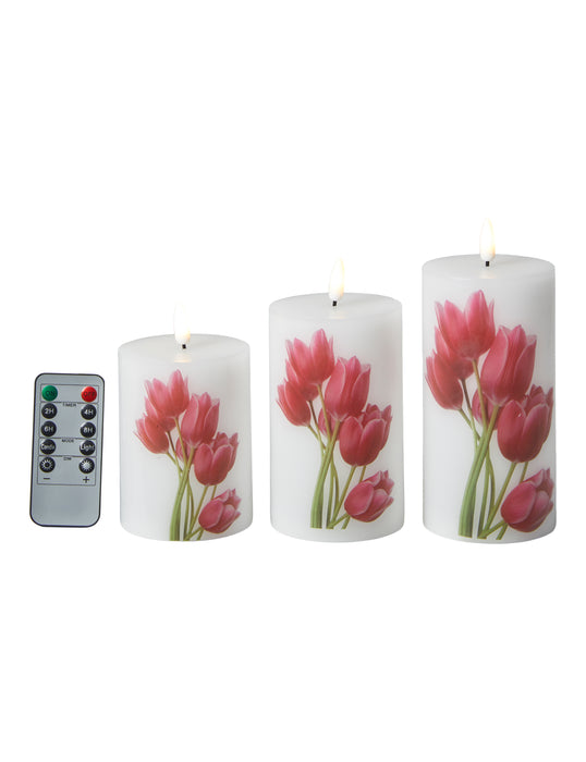 Dacore - LED Bloklys 3 Stk./Ø7,5 Cm. - Tulipan Motiv