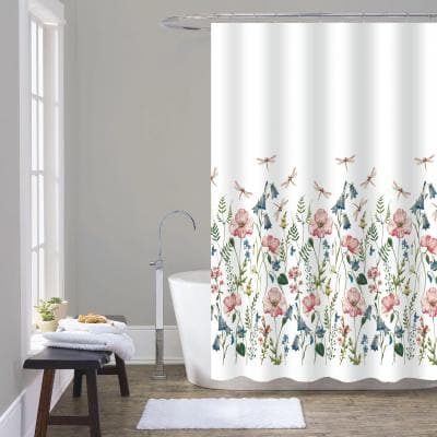 Conzept badeforhæng 180x200 cm tekstil m/ringe hvid med blomster